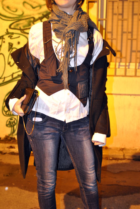 black coat, white shirt, gray heels