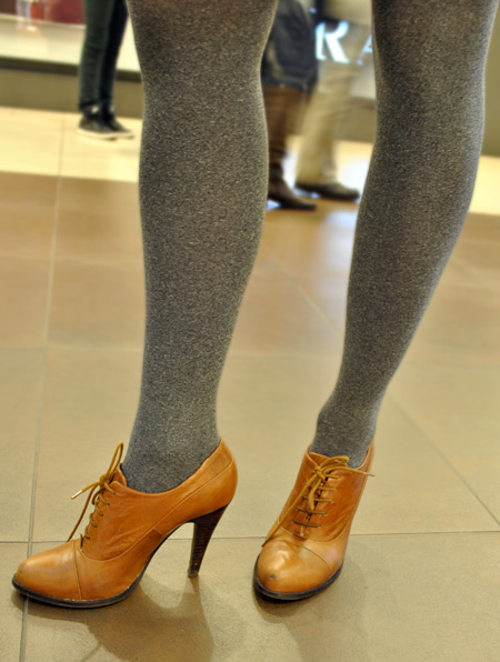 Marina Marcicev, gray tights, brown heels